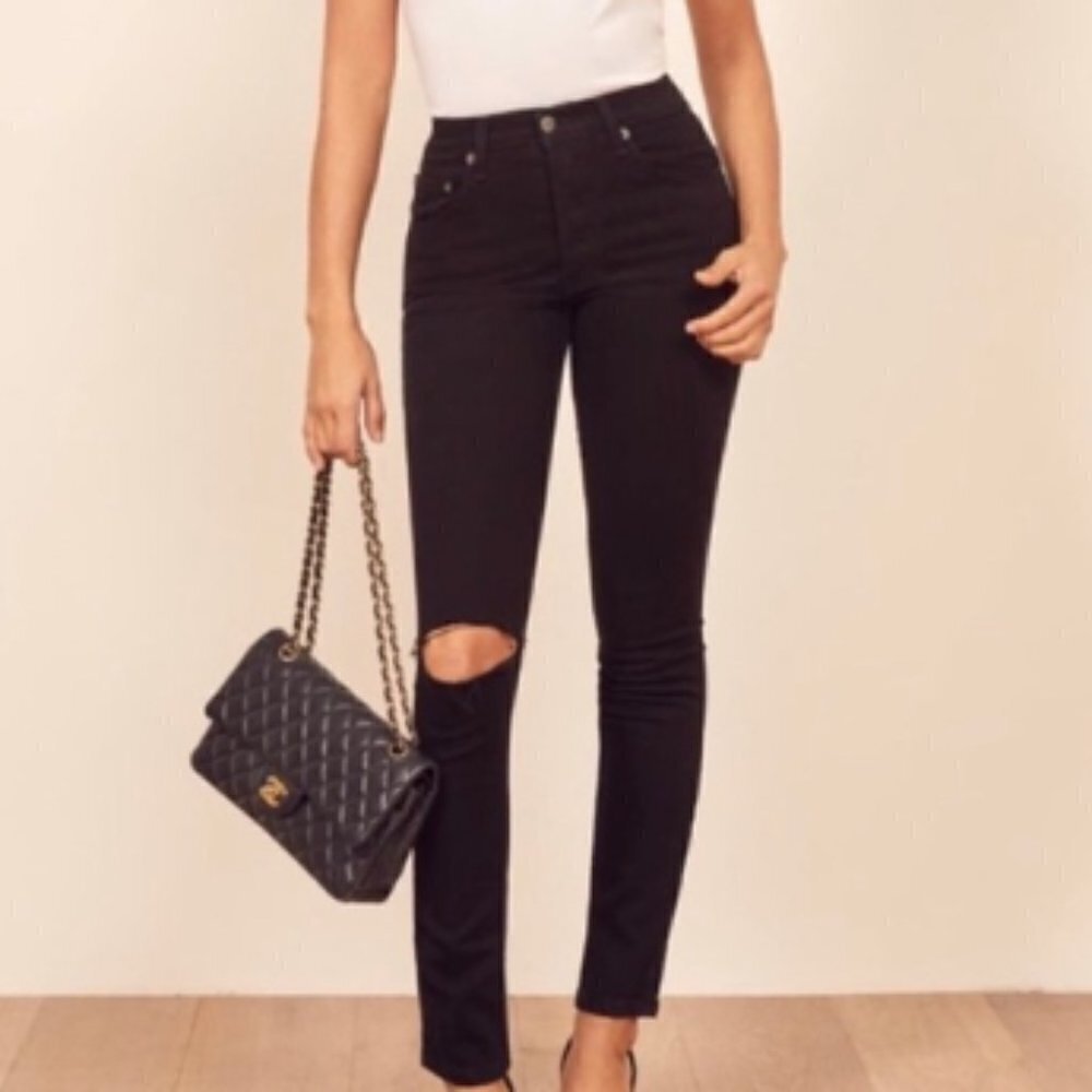 Reformation High Waist‎ Rise Skinny Jean in Faded Black Destroyed sz 26
